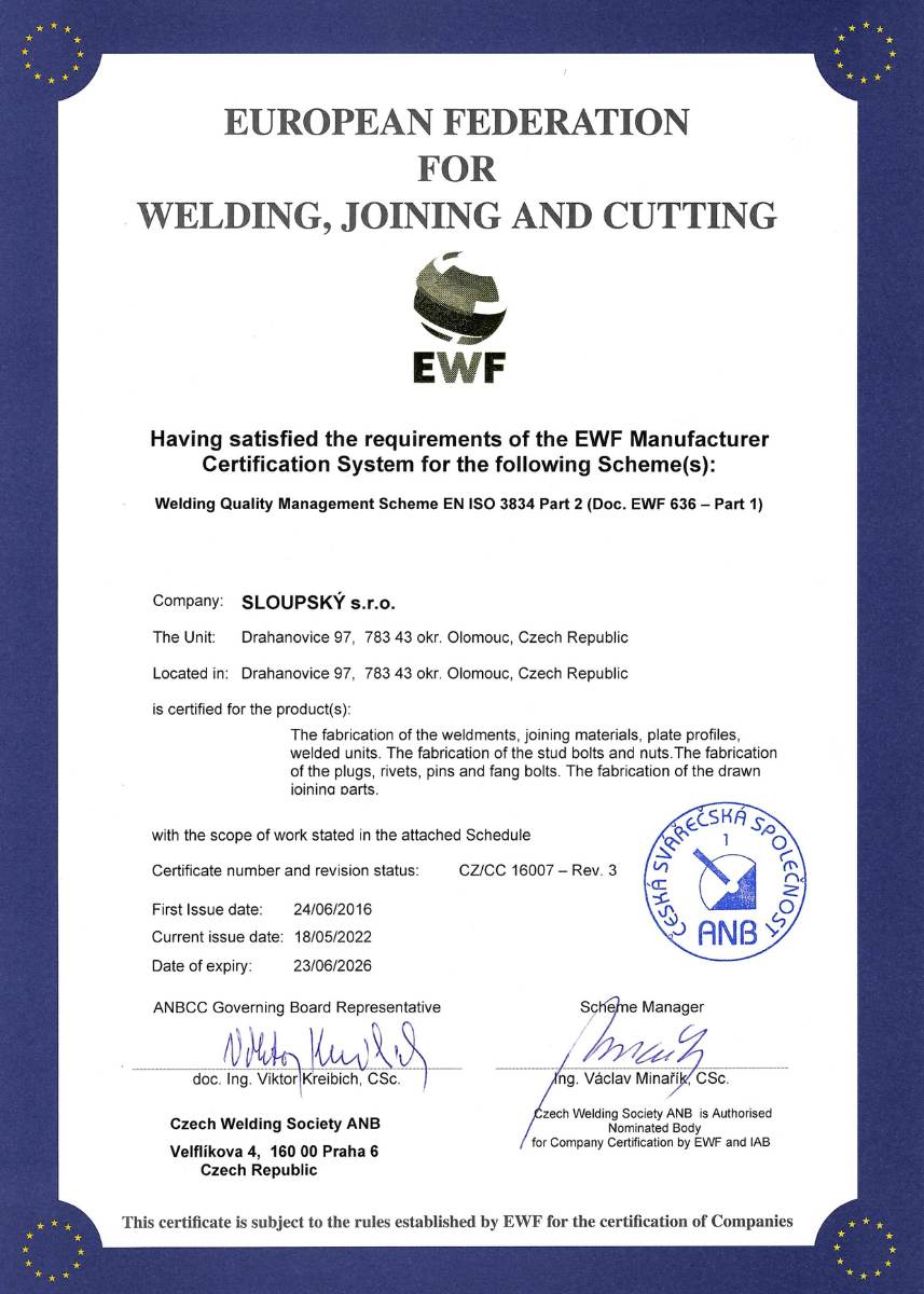 Evropský certifikát 3834-2 svařování